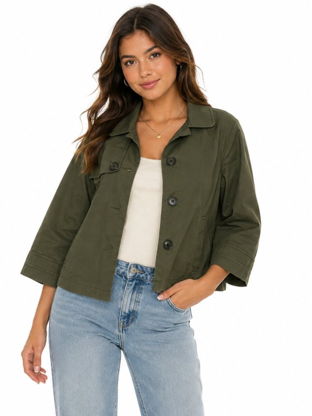 Women’s/Junior sz S Olive Green 3/4 Sleeve Cropped Pea Coat Cropped Western chic